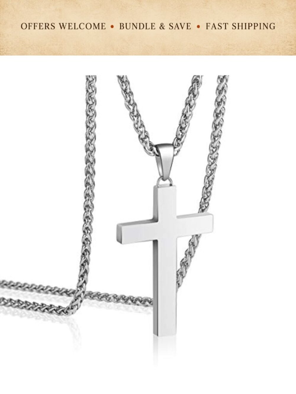 Stainless Steel Cross Pendant Necklace Wheat Chain 24in Men's Christian Jewelry